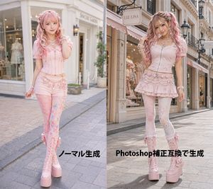 Pink Lolita Color Correction Comparison — Goal: Create a side-by-side comparison image showing an AI-generated fashion portrait before and aft…