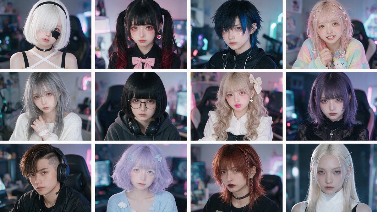 Cyber-Kawaii Influencer Portrait Grid