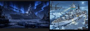 Arctic Warship Style Comparison — Goal: Create a two-panel horizontal comparison image showing the same arctic warship concept rendere…