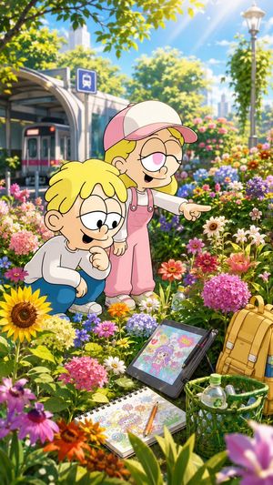Children Discover Flowers in Anime Garden — Create a vertical 9:16 premium anime-style illustration in bright summer daylight, set in a lush urb…