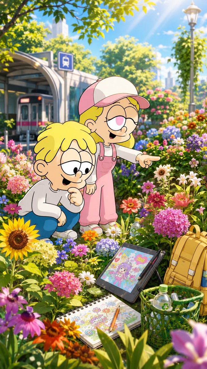 Children Discover Flowers in Anime Garden