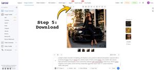 LartAI Download Step Tutorial — Goal: Create a wide tutorial-style screenshot graphic showing the LartAI image generation web app in…