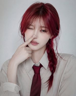Crimson Braid Japanese Office Style Portrait — Ultra-realistic portrait of a beautiful young woman with {argument name="hair style" default="long crimson-red ha