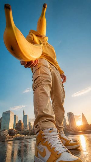Surreal Banana Head Fashion Portrait — Ultra-realistic editorial fashion portrait of a {argument name="model type" default="stylish male model"} with an oversiz