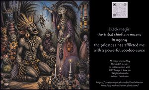 Tribal Voodoo Curse Scene — black magic
the {argument name="subject" default="tribal chieftain"} moans
in agony
the {argument name="character" default="priestes
