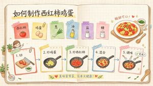 Hand-Drawn Tomato Egg Recipe Infographic — Goal: Create a cute hand-drawn Chinese recipe infographic in an open notebook, teaching how to make…