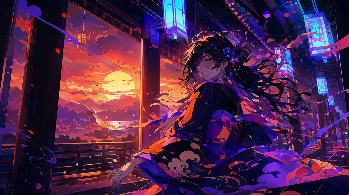 Neon Sunset Kimono Girl
