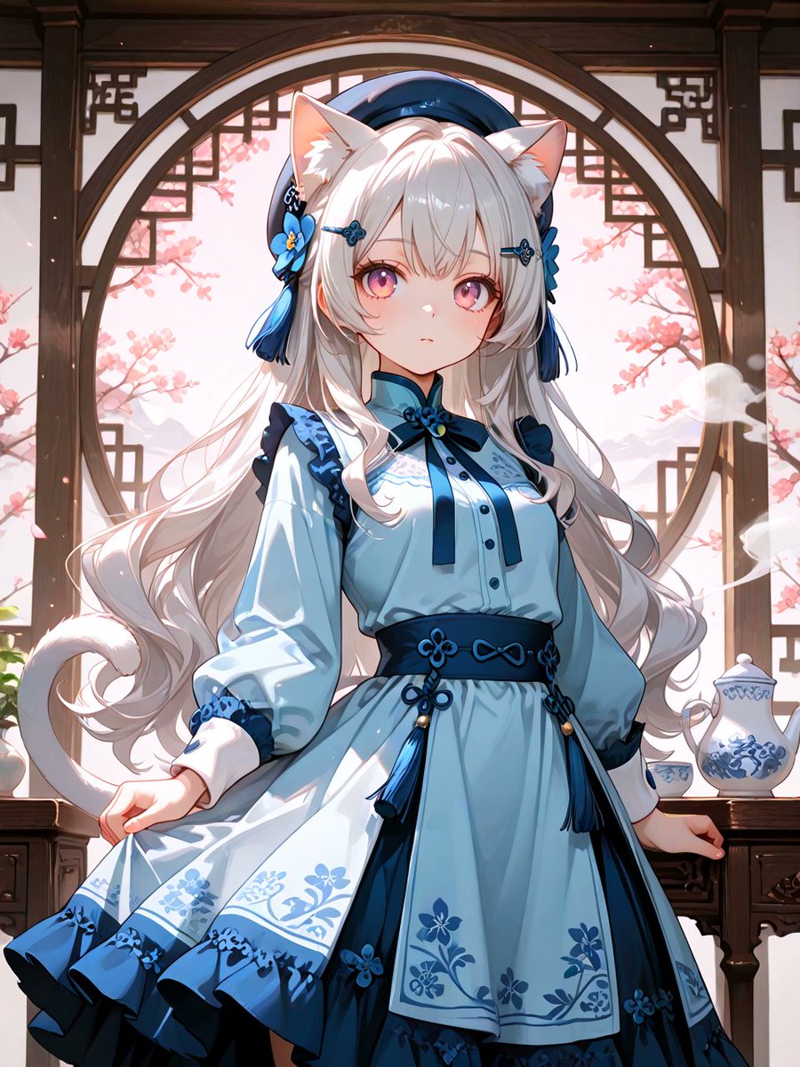 Anime Catgirl in Chinese Ink Landscape reference image 1