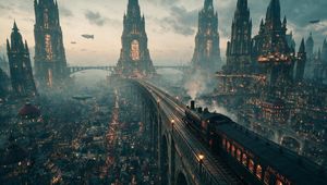 High-Angle Steampunk City Train View AI image template preview