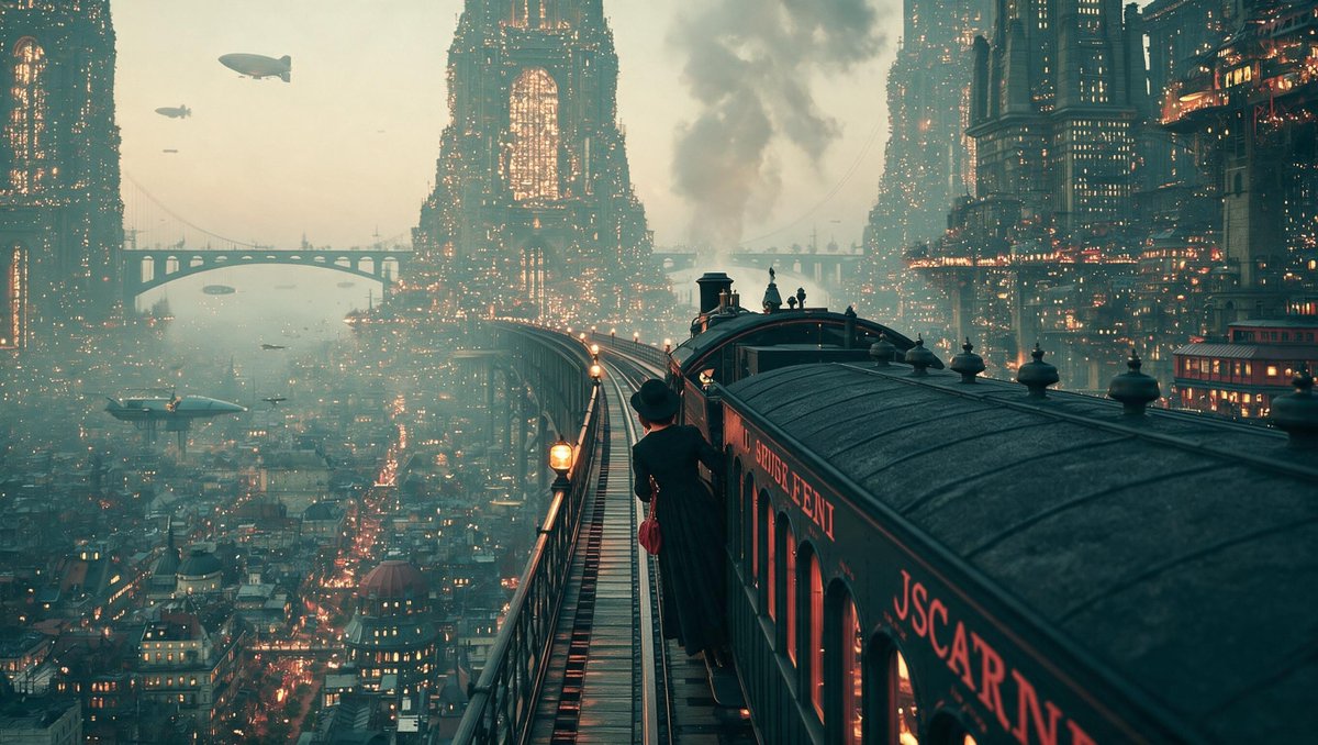 High-Angle Steampunk City Train View reference image 1