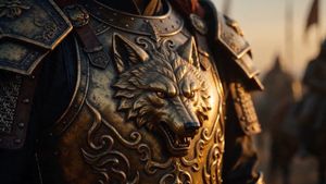 Cinematic Wolf Armor Close-Up — Create a cinematic close-up of an ancient Turkic/Oghuz warrior’s ornate bronze-gold armor, focusing…