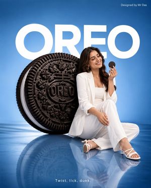 Minimalist Oreo Commercial Ad — Minimalist commercial ad featuring an {argument name="product" default="oversized Oreo cookie"}, ultra clean design. A young wom