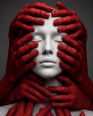 Surreal Portrait with Crimson Hands AI image template preview