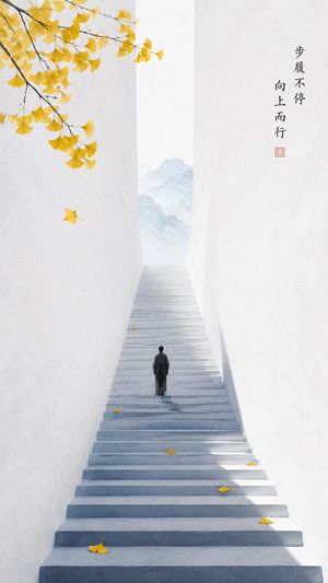 Oriental Zen Minimalist Autumn Wallpaper — 主题方向：{argument name="主题" default="东方禅意极简海报"}
风格分支：高对比节气型
主体内容：{argument name="人物动作" default="一位沿长阶缓慢向上走的人物"}
情绪母题：秋日清