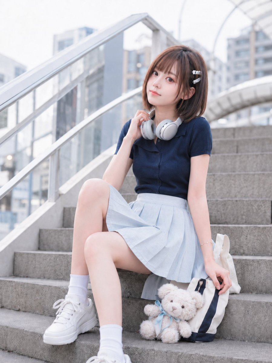 Japanese Urban Street Portrait on Concrete Stairs