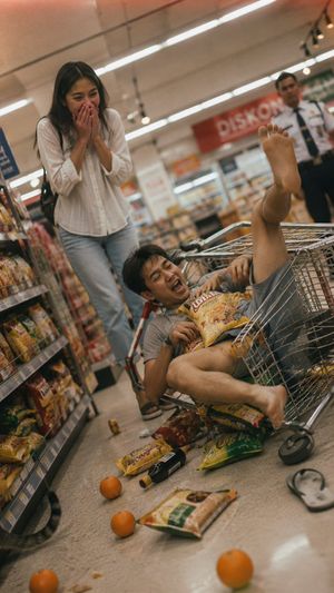 Grocery Aisle Disaster Film Photo — Shot on 35mm film, {argument name="film stock" default="Kodak Portra 400"}, soft fluorescent supermarket light, soft grain, 