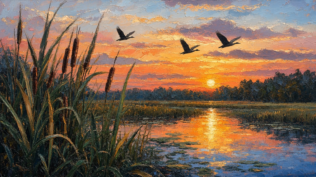Sunset Marsh Impasto Oil Painting