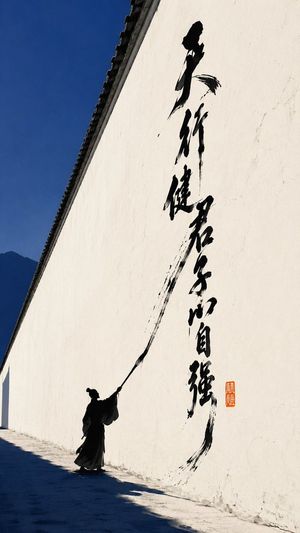 Oriental Zen Minimalist Poster — 主题方向：{argument name="主题" default="东方禅意极简海报"} 风格分支：高对比传播型 主体内容：{argument name="被写体" default="一位站在长墙前挥笔书写的人物剪影"} 情绪母题：{argument n