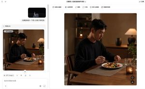 White Model to Realistic Dining Photo — Using the provided reference image as the composition and pose guide, transform the white 3D blockout into a warm, photo
