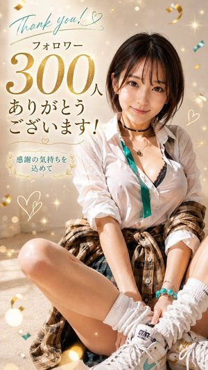 Japanese 300 Followers Thank You Poster — Create a vertical celebratory social media poster featuring a realistic young Japanese woman sitting…