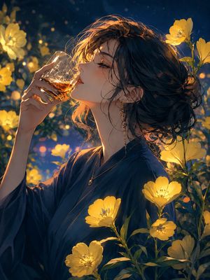 Whiskey in a Glowing Primrose Garden — Create a vertical anime-style cinematic portrait of {argument name="character name" default="an elegant young woman"} in 