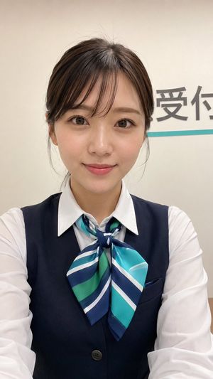 Japanese Receptionist Smartphone Selfie — Create a vertical 9:16 smartphone selfie that looks like a real casual high-quality photo taken with a modern phone, s