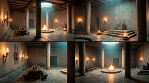 Ancient Temple Interior Contact Sheet — Using REFERENCE_0 as the exact architectural blockout and scene layout, texture and relight the environment into a cinem