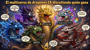 AI Dragon Multiverse Meme — Goal: Create a chaotic Spanish-language meme poster titled {argument name="headline text" default="E…