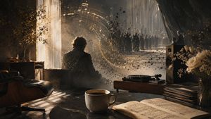 Intimate Secular Requiem Scene — Create a cinematic surreal memorial scene about an intimate, secular requiem at home. A dim, elegant living room blends into th