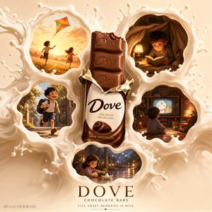 Magical Dove Chocolate Memory Splash — Create an ultra-premium advertising poster for Dove Chocolate Bars, designed as a magical nostalgic…