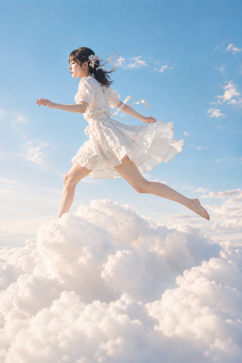 Japanese Woman Running on Clouds