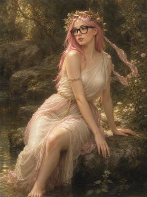 Bouguereau Nymph With Glasses — Create a vertical 3:4 painterly academic oil portrait in the style of William-Adolphe Bouguereau, but with a subtle modern inter