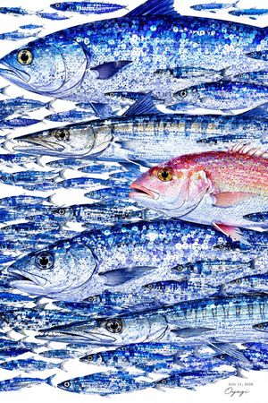 Shimmering Blue Fish School