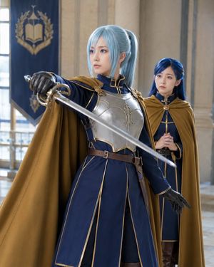 Fantasy Academy Knight Cosplay — Create a realistic high-quality cosplay photograph in a grand medieval academy hall inspired by fantasy anime. Show exactly two