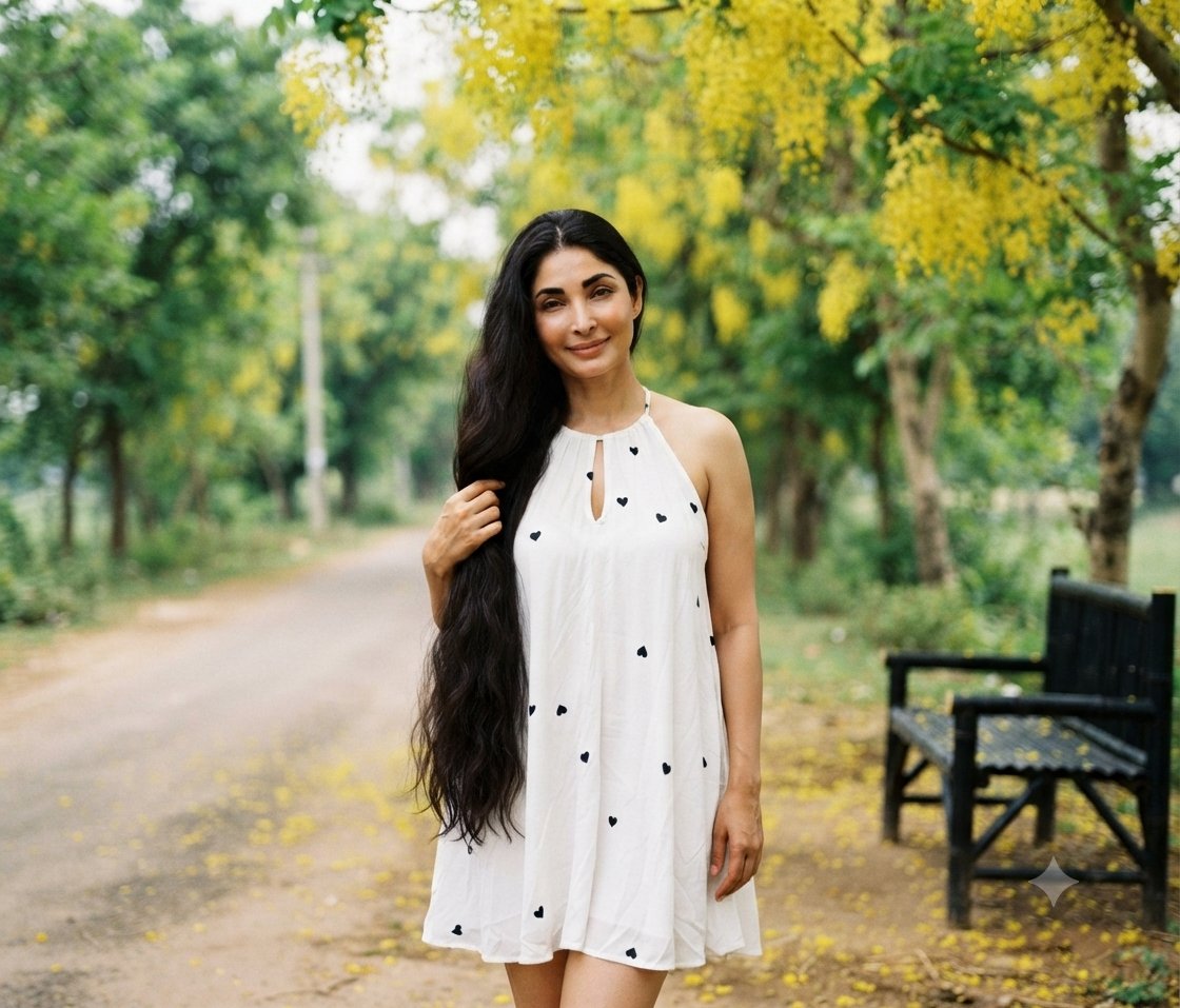 Woman in White Dress on Park Path