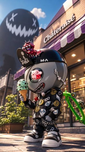 Creepy Cute Mascot at Dessert Café — Create a vertical 9:16 cinematic 3D toy-character street scene in bright afternoon sunlight. Center a cute but creepy desig