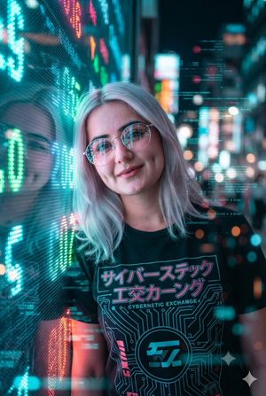 Cyberpunk Financial District Portrait — Using the uploaded image and without changing face, create a cinematic cyberpunk portrait of the {ar…