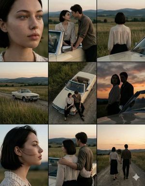 Cinematic Countryside Road Stop Film Still Grid AI image template preview