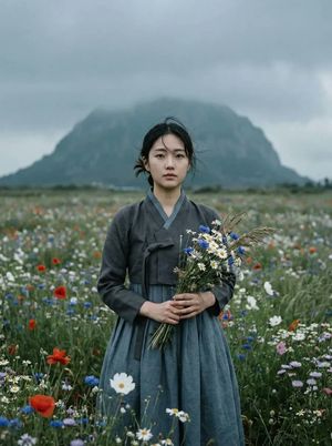Traditional Hanbok Portrait in Wildflower Meadow — Ultra-realistic cinematic portrait of a {argument name="subject" default="young East Asian woman"} s…