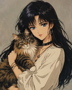 Retro Shoujo Anime Girl with Cat AI image template preview