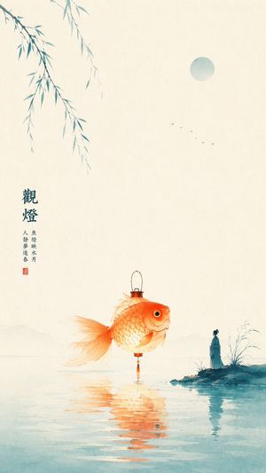 Oriental Zen Minimalist Goldfish Lantern Poster — 主题方向：东方禅意极简海报
风格分支：高对比传播型
主体内容：{argument name="主体" default="一位站在池边观赏金鱼灯的古风人物"}
情绪母题：灵动、节庆感、轻松、观赏感
场景与意象：{argum