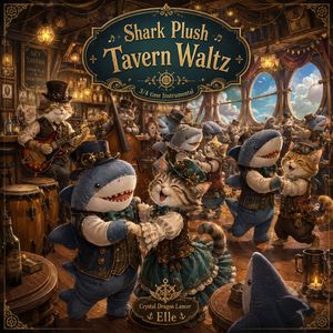 Shark Plush Tavern Waltz Cover — Goal: Create a richly detailed square fantasy album-cover illustration for {argument name="song titl…