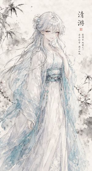 Ink Wash Hanfu Character Portrait — Create a vertical full-body character portrait in delicate Chinese ink-wash mixed with soft anime illustration style on text