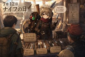 Anime Knife Day Merchant Stall — Goal: Create a richly detailed anime fantasy marketplace scene celebrating {argument name="headline…