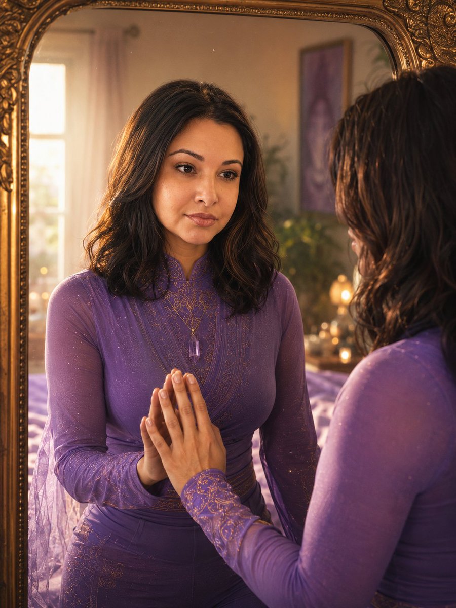 Woman Touching Mirror in Violet Dress
