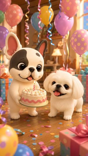 Birthday Puppies Party Scene — Create a cheerful vertical 9:16 3D animated birthday scene in a warm sunlit living room. Two cute st…