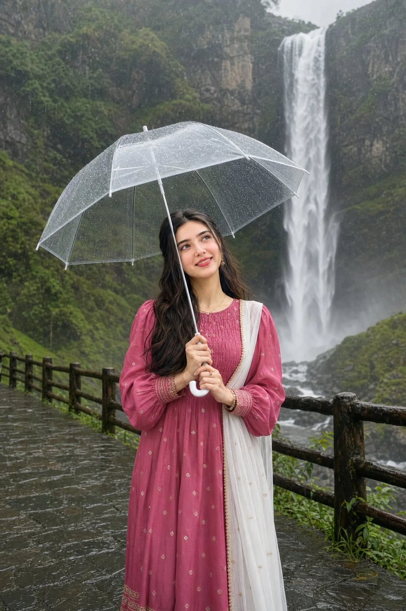 Woman in Pink Lenga at Waterfall