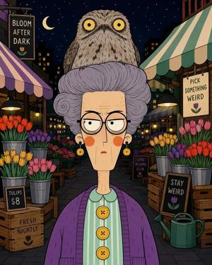 Flat Cartoon Human Animal Hat — Vertical quirky flat cartoon portrait of {argument name="human" default="[HUMAN]"} with a tall geometric head, long narrow neck,