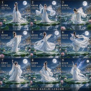 Chang'e Lotus Dance Storyboard — Goal: Create a Chinese classical mythology cinematic storyboard poster titled {argument name="poster…