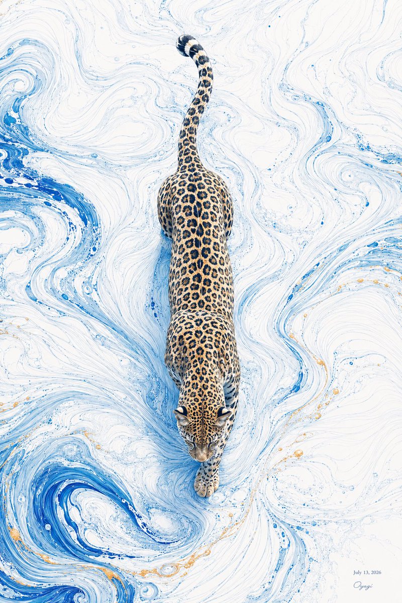 Overhead Leopard in Blue Marble Swirls
